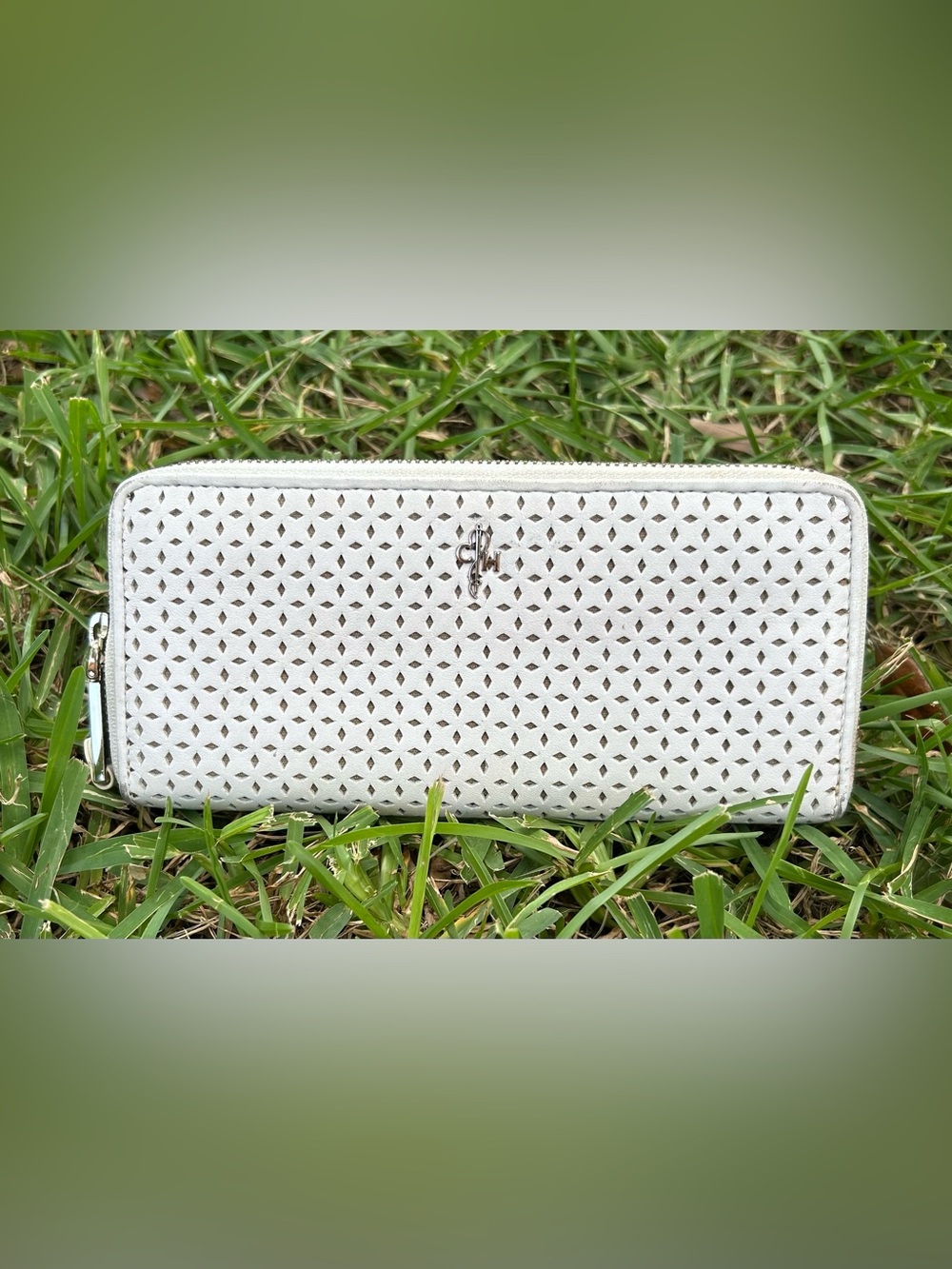 Cole Haan White Perforated Leather Zippy Wallet with Silver Logo